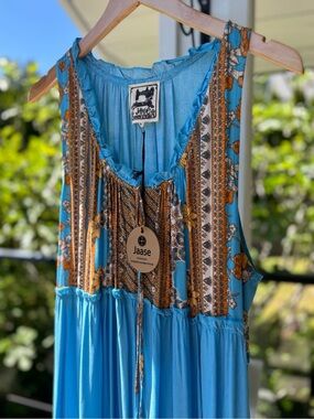 NWT New w/Tags Jaase Turquoise Boho Maxi Dress with Brown Floral Trim Australia